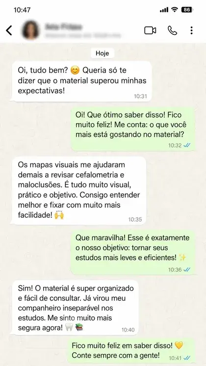 Print de conversa real de aluna elogiando o material