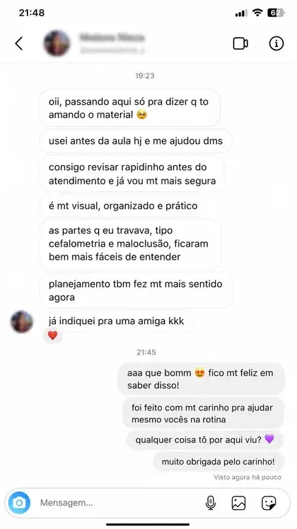 Print de conversa real de aluna elogiando o material